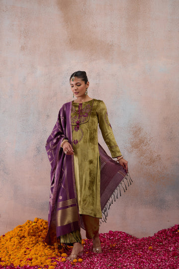 Olive Embroidered Velvet Kurta Set