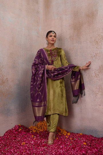 Olive Embroidered Velvet Kurta Set