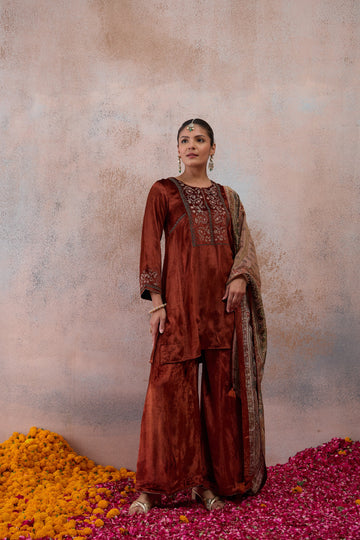 Rust Brown Embroidered Velvet Kurta Set with Printed Dupatta