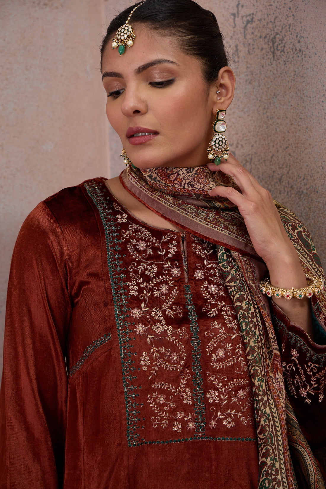 Rust Brown Embroidered Velvet Kurta Set with Printed Dupatta