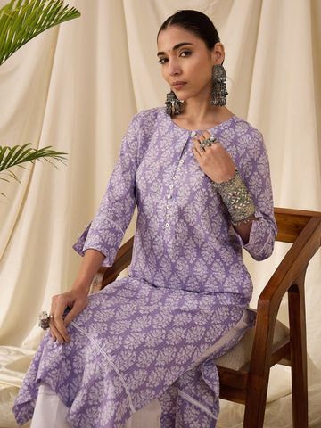 Mauve Block Printed Kurta Set