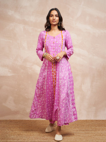 Pink Printed Flared Kurta Set