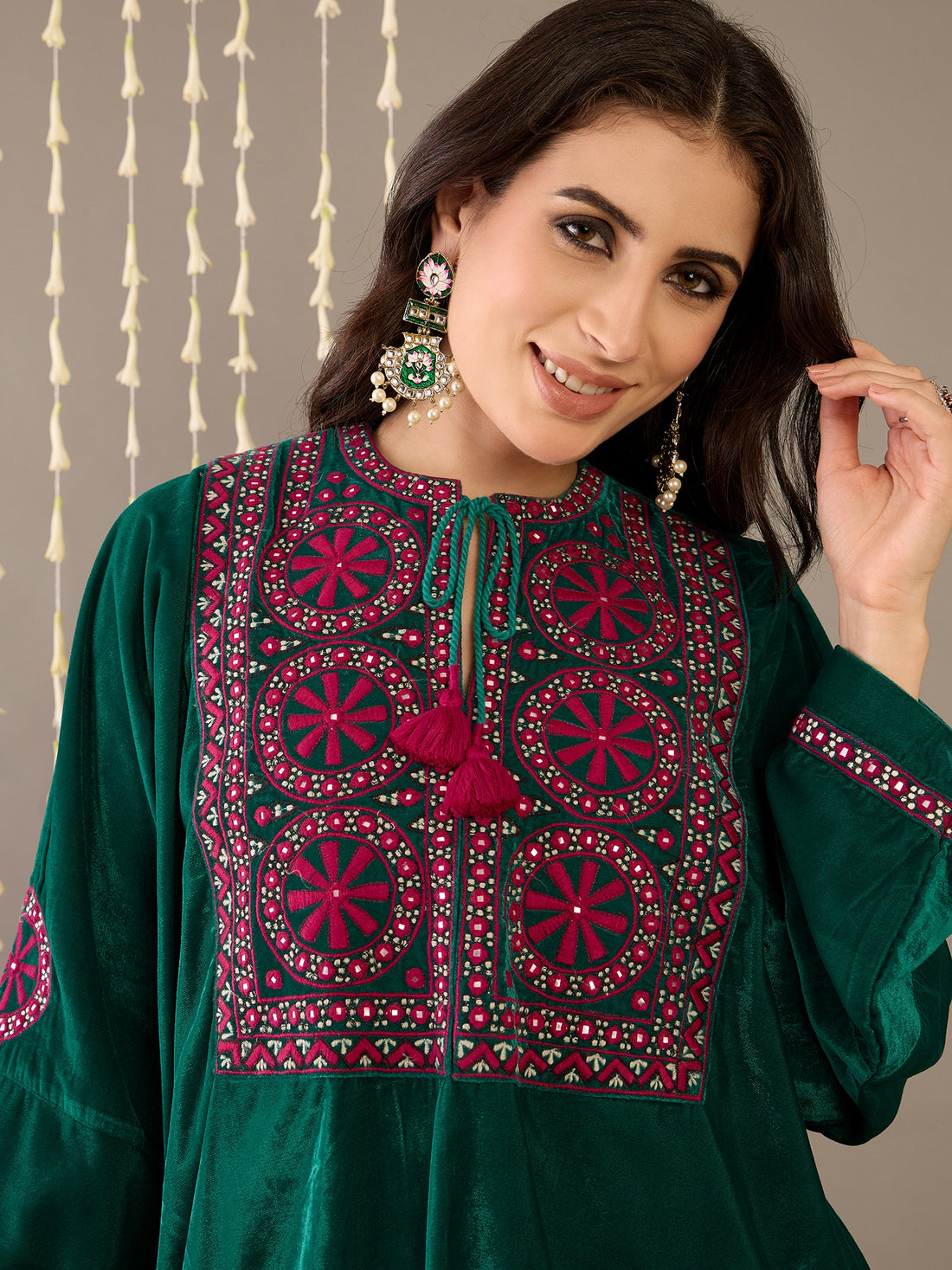 Zahra Green Velvet Phiran Set
