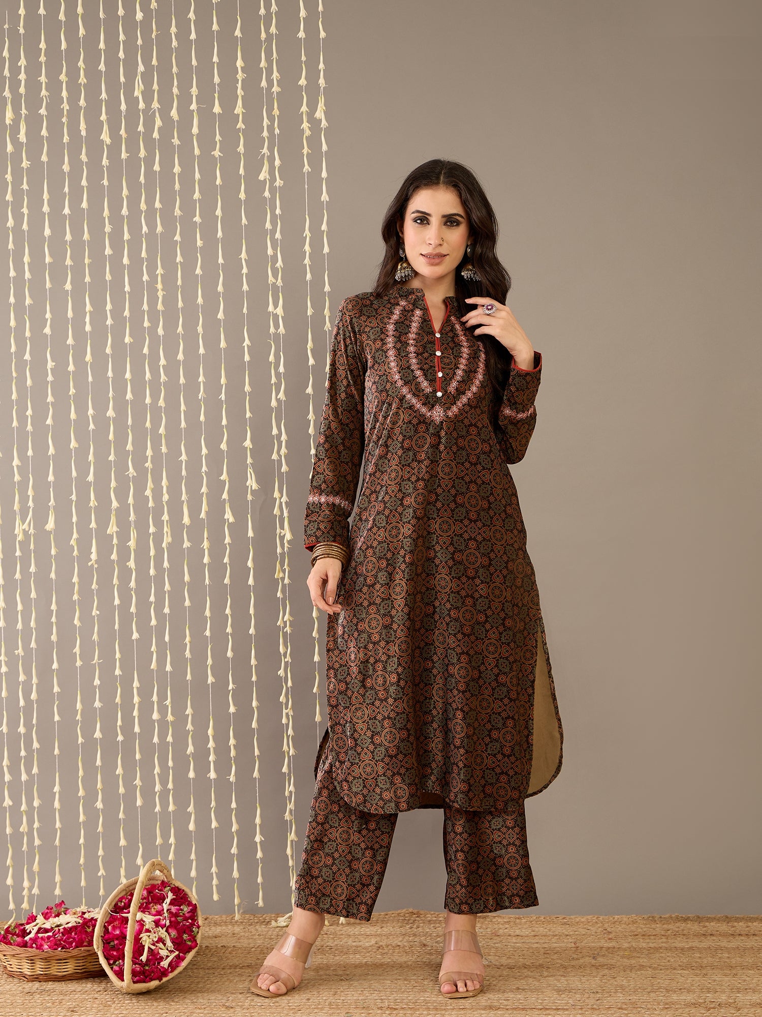 Coffee Printed Velvet Kurta Set