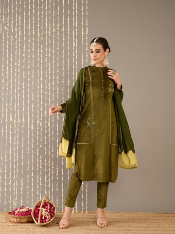 Green Velvet Kurta Set with Dupatta