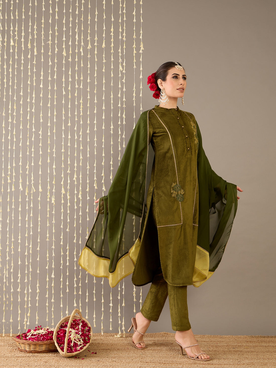 Green Velvet Kurta Set with Dupatta