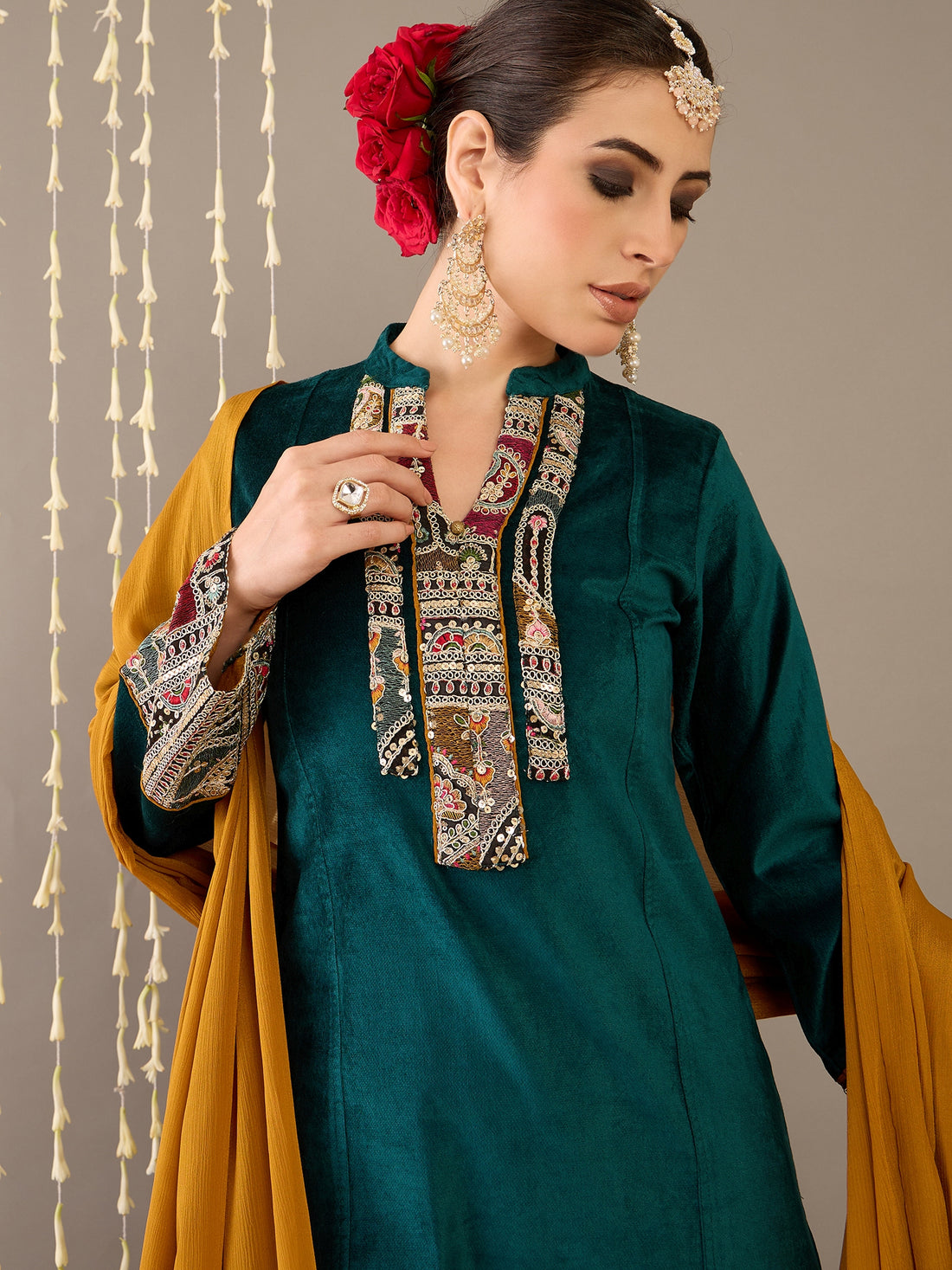 Teal Velvet Kurta Set with Dupatta