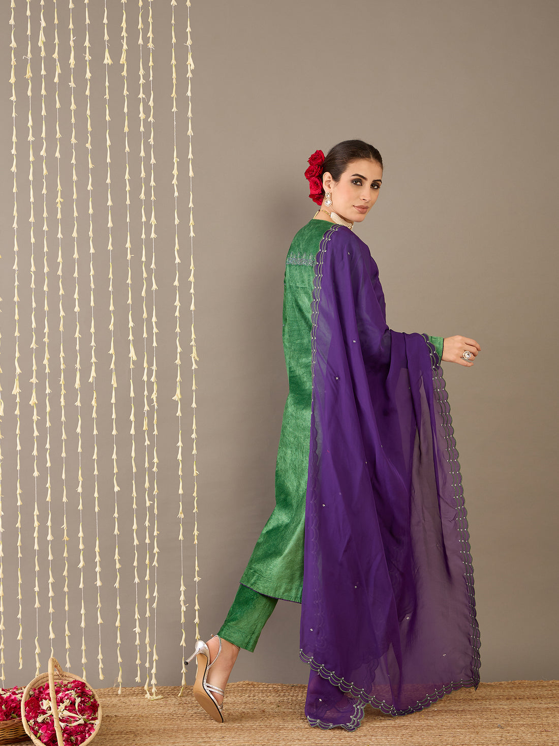 Moss Green Kurta Set with Purple Dupatta