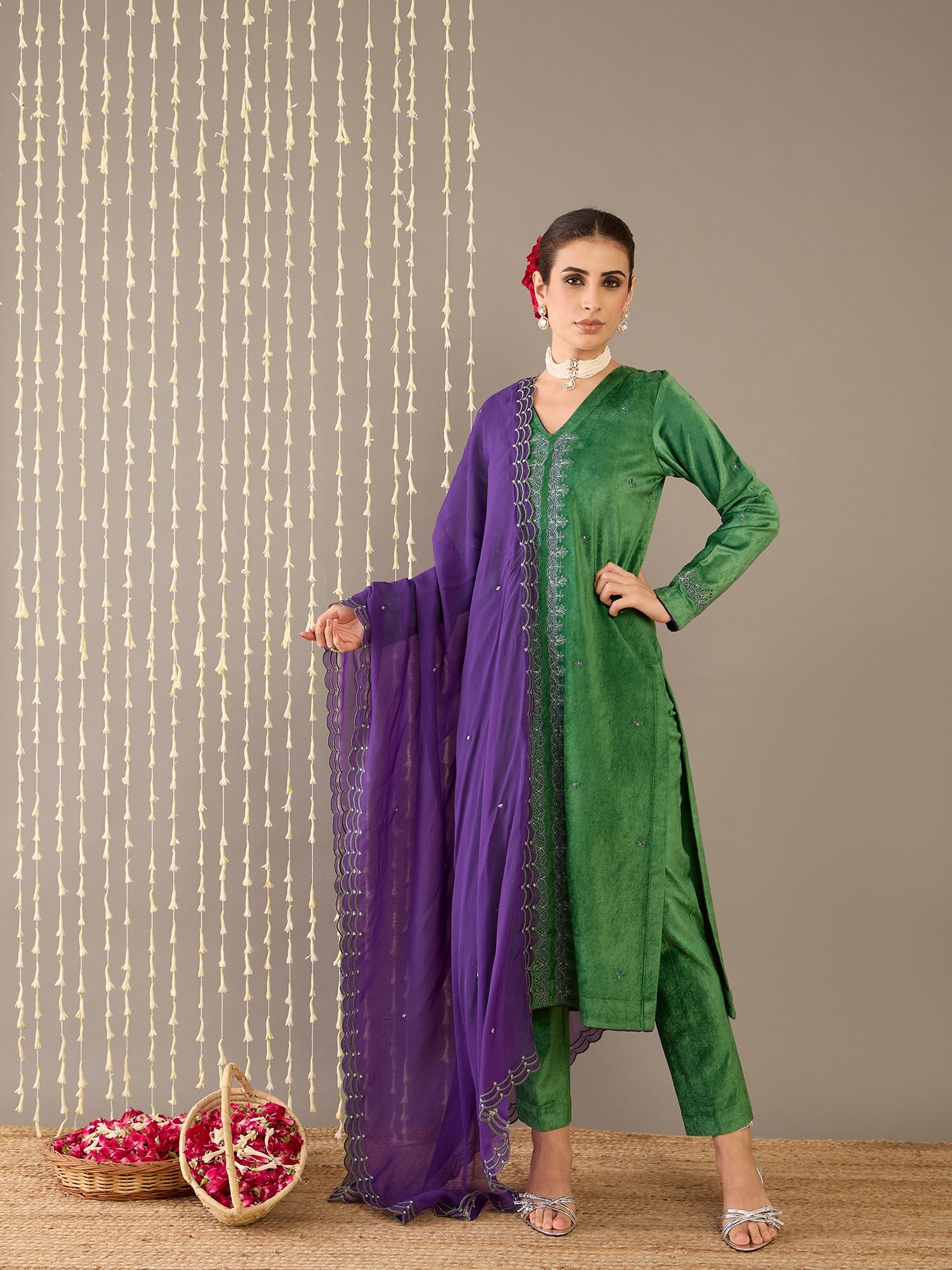 Moss Green Kurta Set with Purple Dupatta