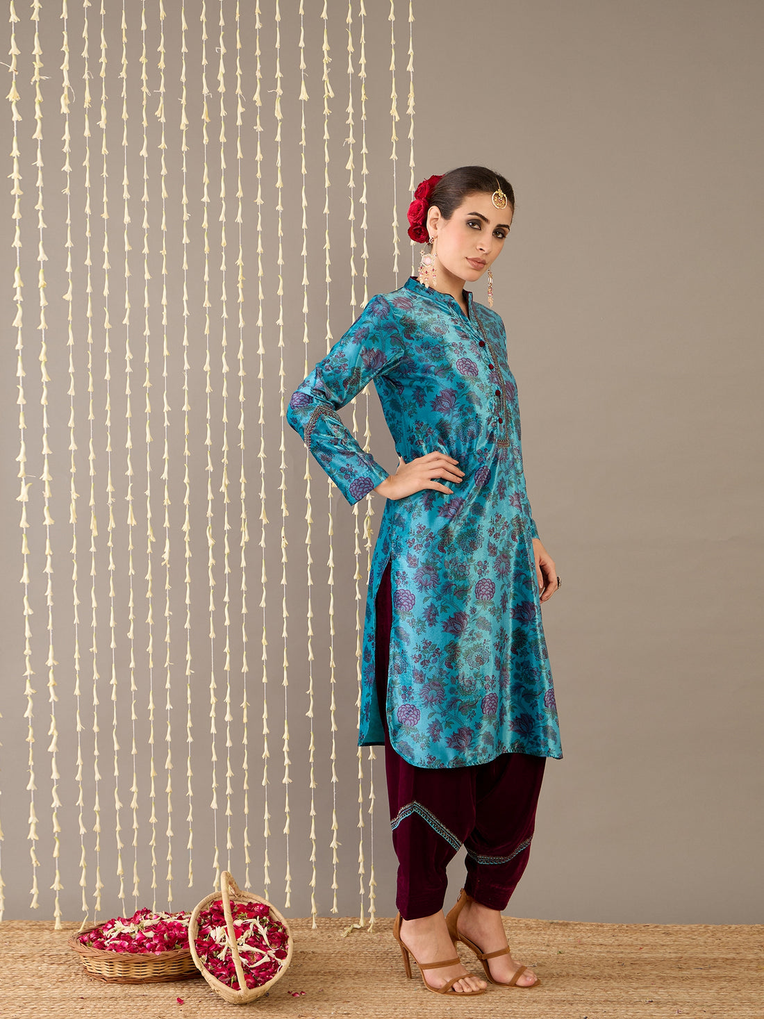 Blue Printed Velvet Kurta Set with Salwar