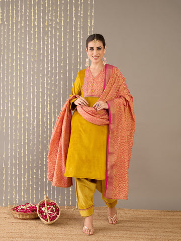 Mustard Velvet Kurta Set with dupatta and salwar