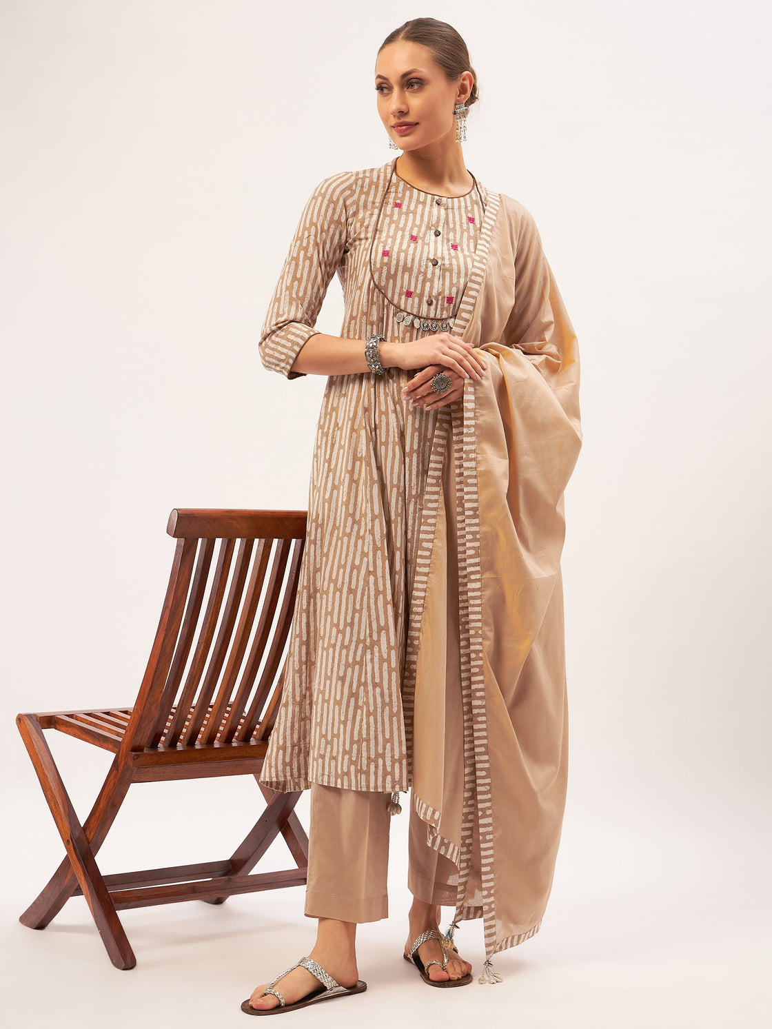 Beige Handblock Print Kurta Set with Dupatta