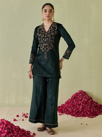 STADO Dark Green Velvet Embroidered Kurta with Palazzo Set for Women