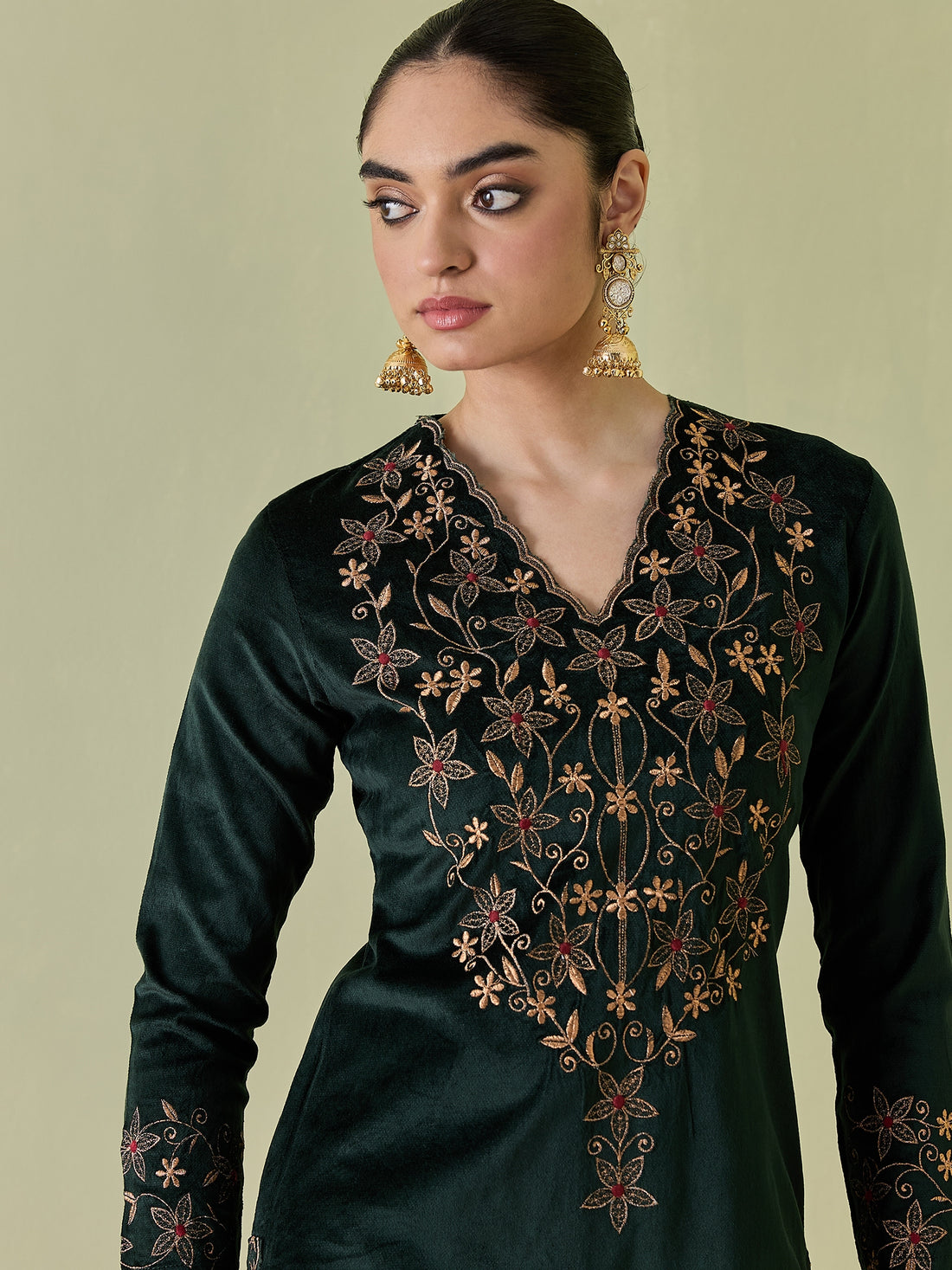 STADO Dark Green Velvet Embroidered Kurta with Palazzo Set for Women