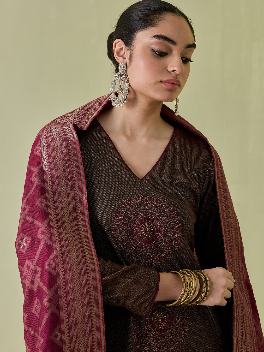 Brown Embroidered Knitted Fabric Kurta Set with Straight Pants and Magenta Printed Dupatta