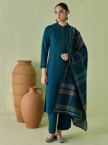 Teal Blue Knitted Cotton Kurta Set with Checkered Dupatta and Trousers