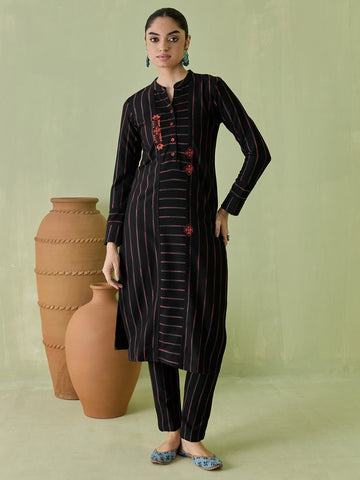 Black Striped Knitted Cotton Kurta Set with Embroidered Details and Trousers