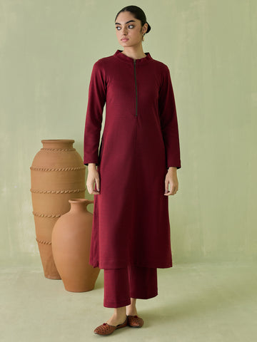 STADO Maroon Knitted Kurta Set with Zip Neck Kurta and Straight Pants