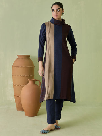Navy Blue, Brown & Beige Colour Block Knitted Cotton Kurta Set with Trousers