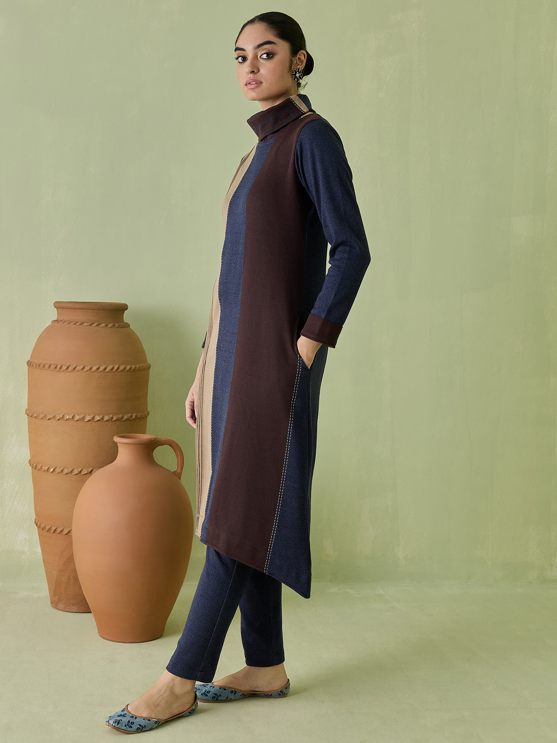 Navy Blue, Brown & Beige Colour Block Knitted Cotton Kurta Set with Trousers