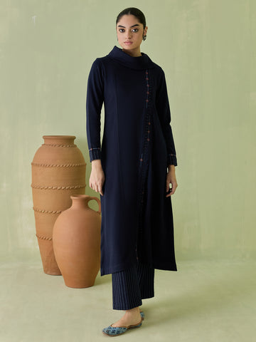 Navy Blue Knitted Cotton Long Kurta with Striped Palazzo Pants