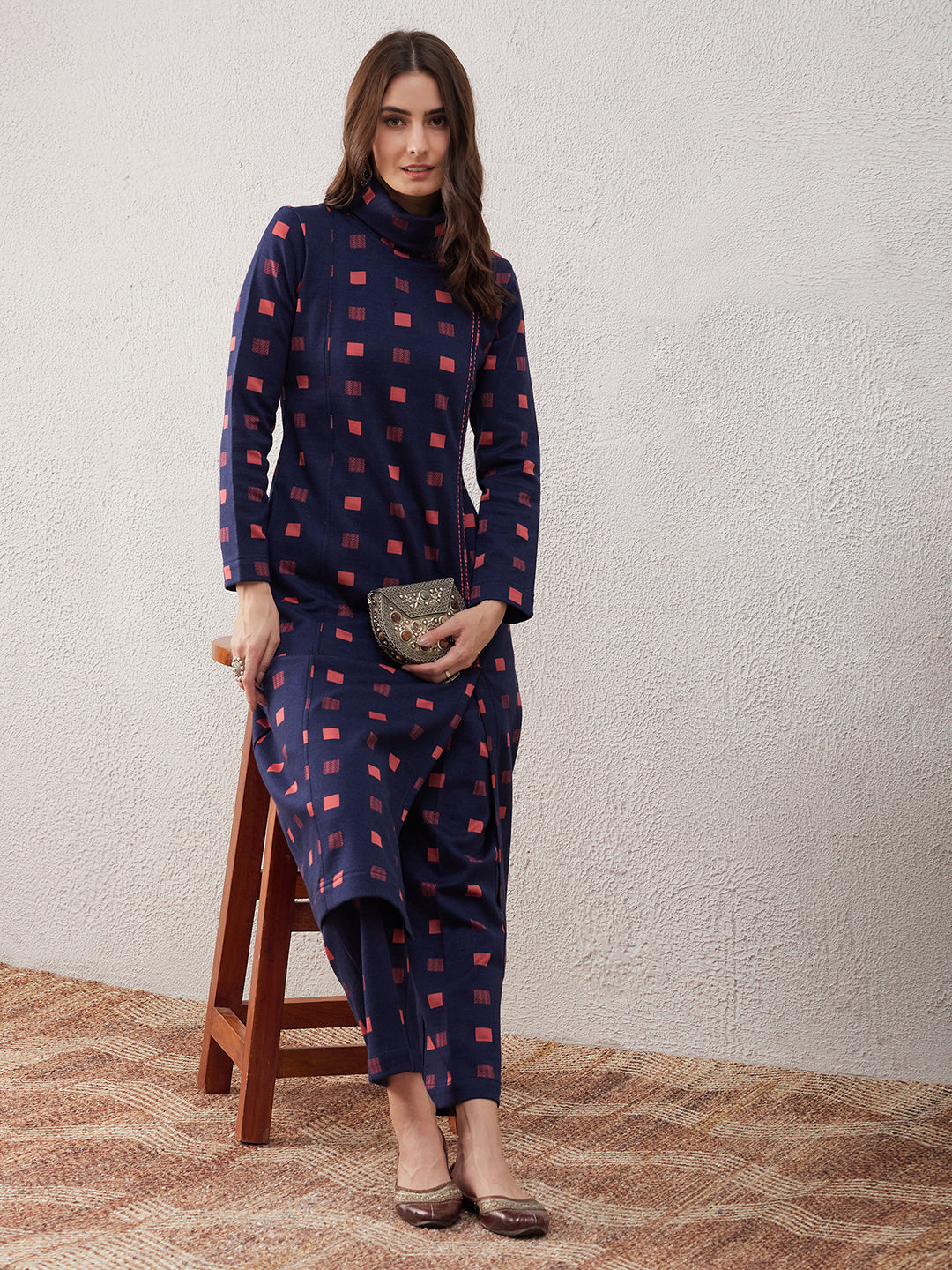 Navy High-Neck Kurta Set