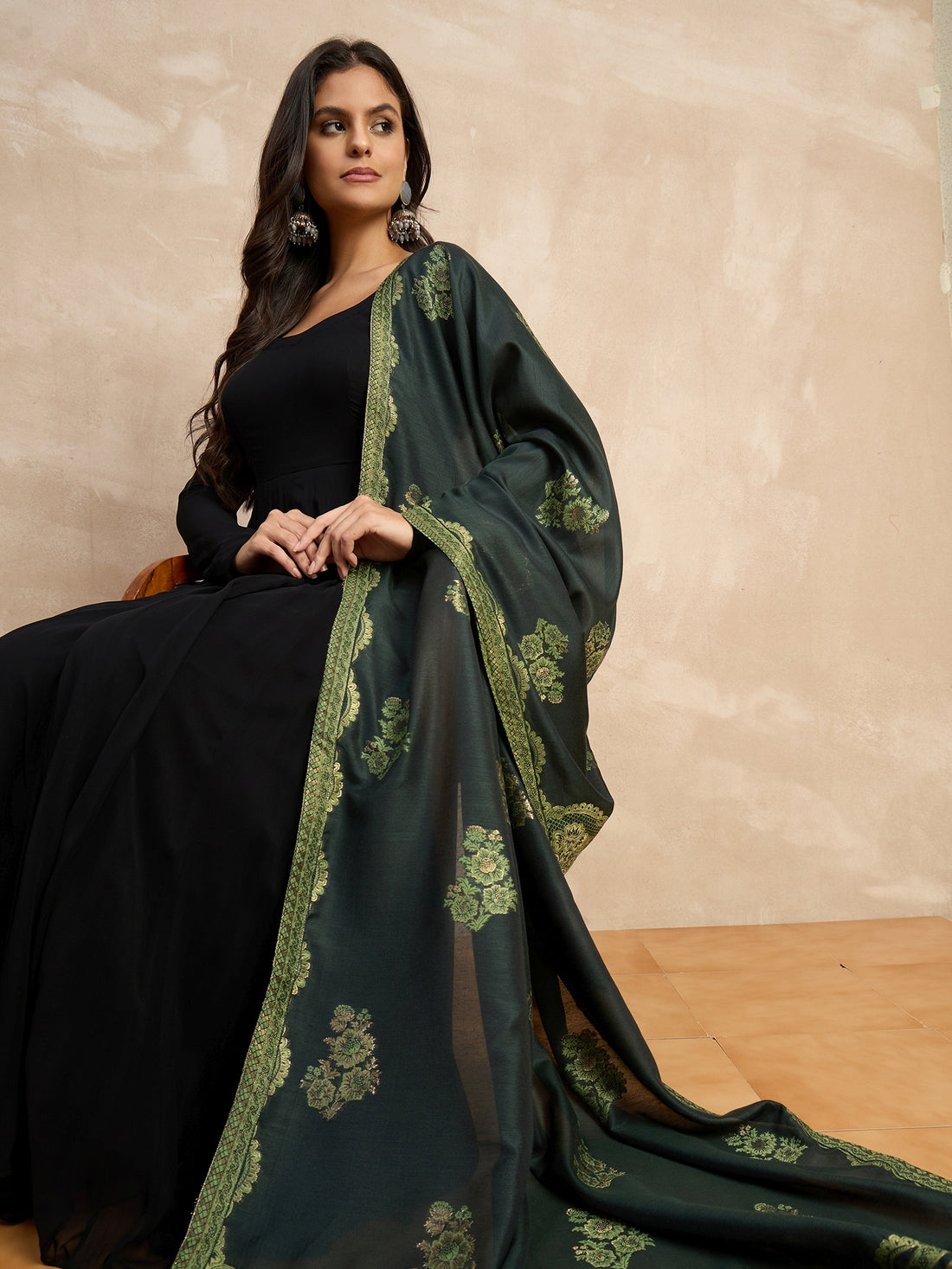 The Dark Green Embroidered Organza Dupatta