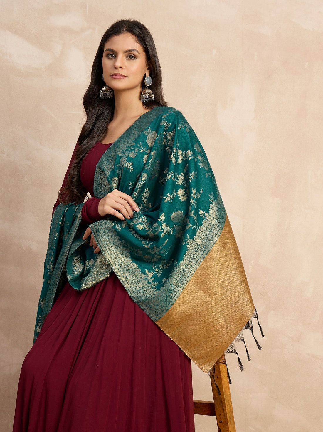 The Teal Banarasi Silk Dupatta with Golden Zari Weave