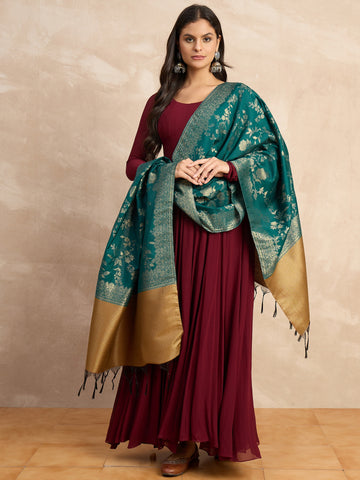 The Teal Banarasi Silk Dupatta with Golden Zari Weave