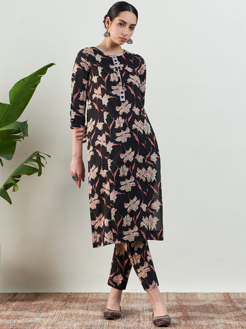 Black Floral Printed Kurta Set