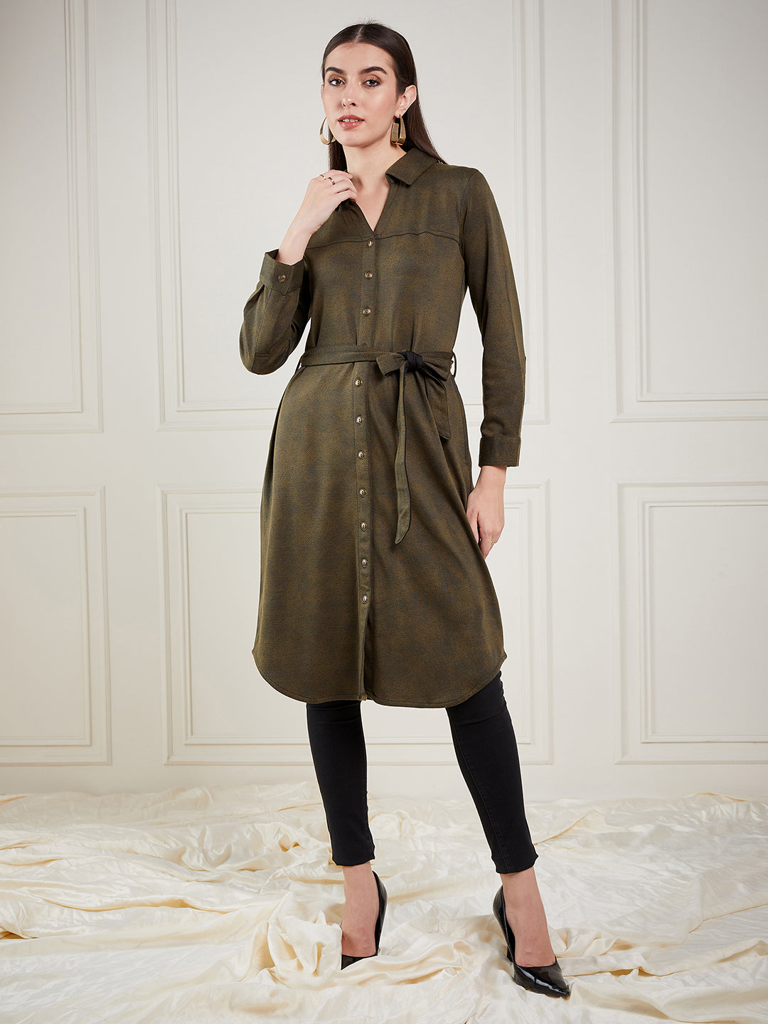 Olive Green Belted Shirt Dress