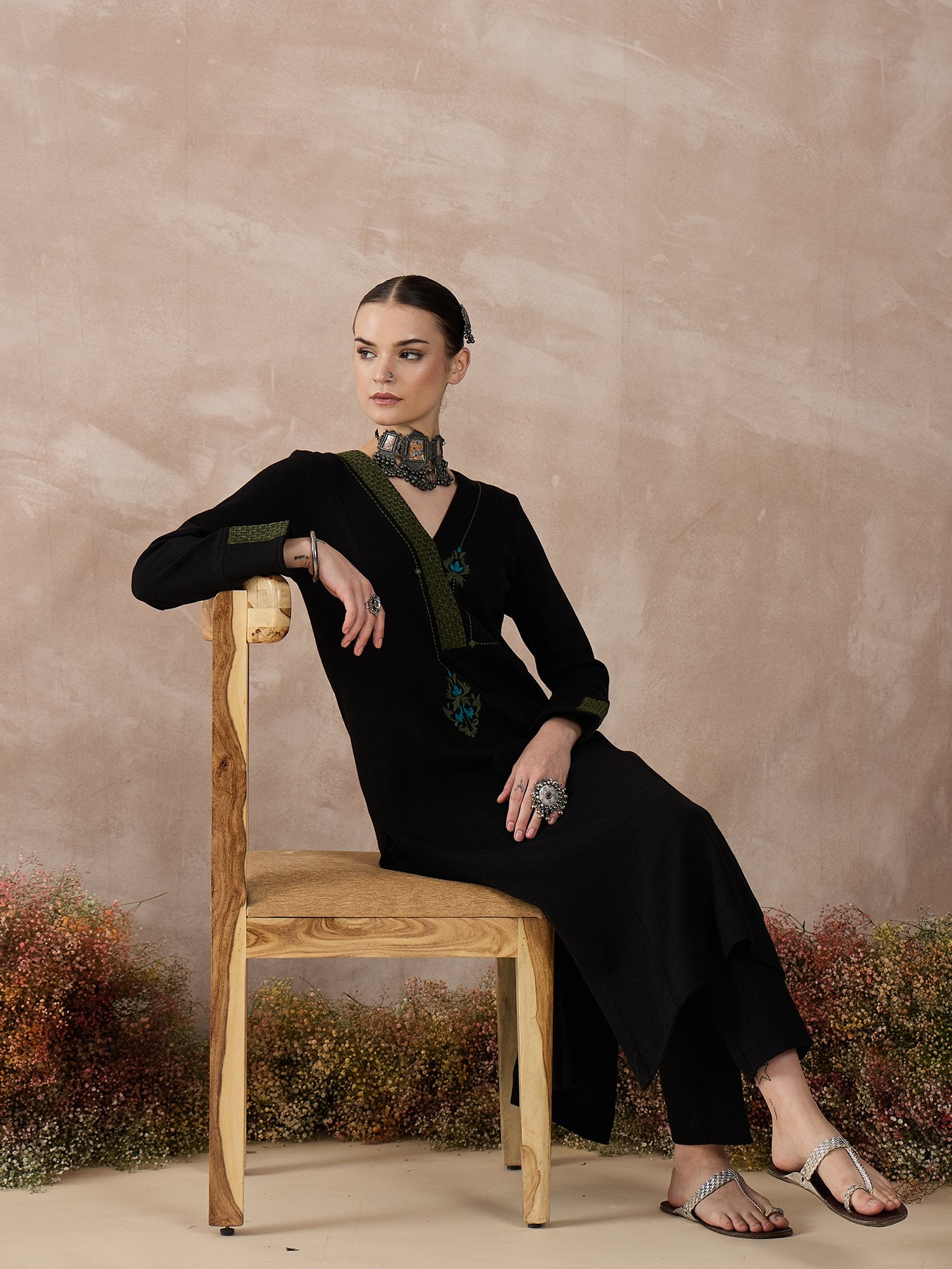 The Elegant Black Knitted Kurta Set