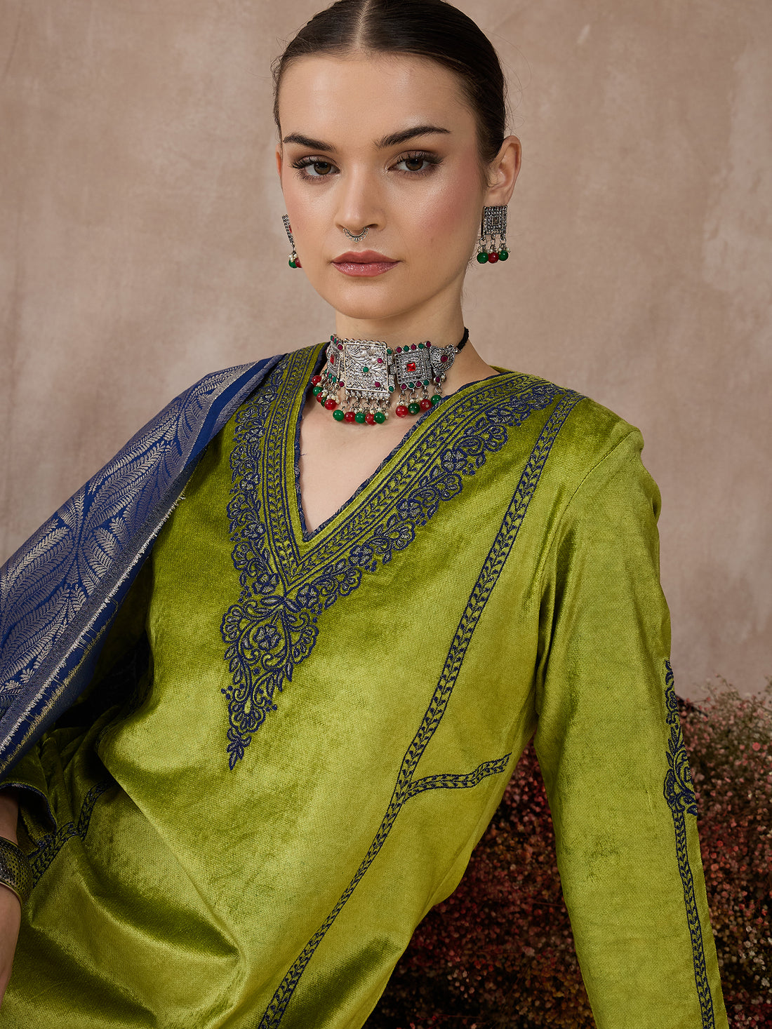 The Lime Radiance Velvet Zareena Set