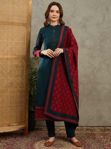 Teal Blue Knitted Cotton Kurta Set with Printed Maroon Dupatta and Trousers