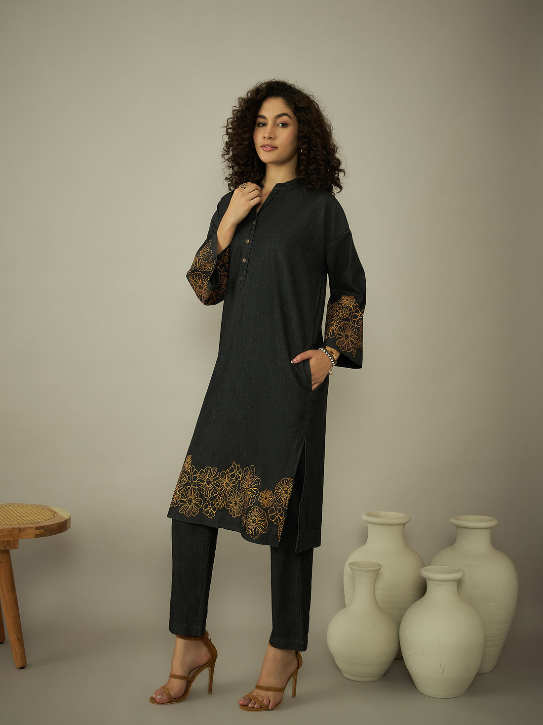 Denim Printed Kurta Set