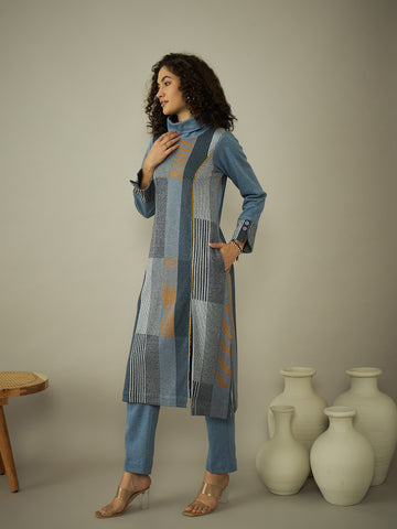 The Queen Blue Striped High-Neck Kurta Set