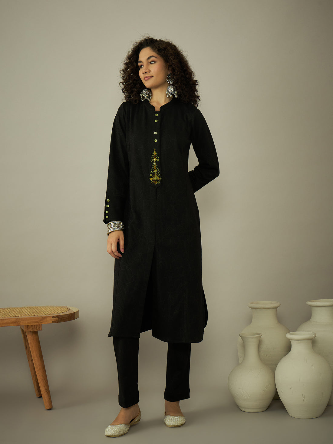 Workday Weave Black Woolen Kurta Set