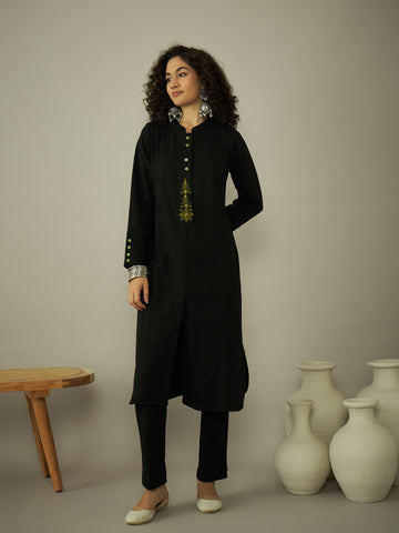 Black Woollen Embroidered Kurta Set