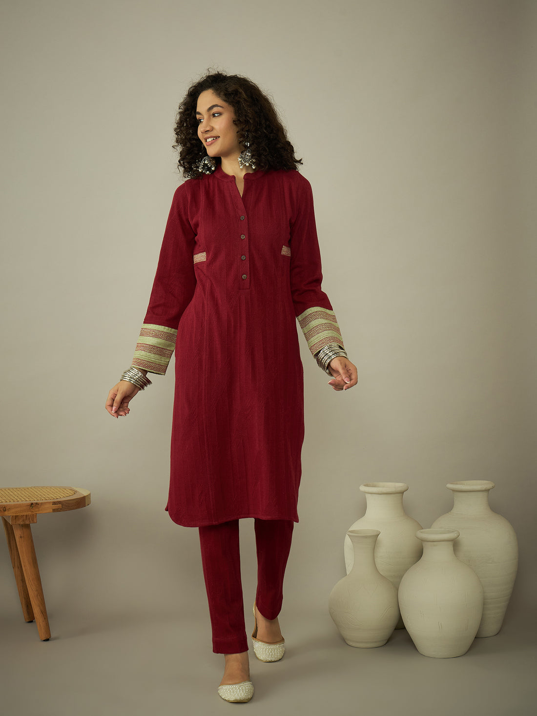 Maroon Knitted Kurta Set