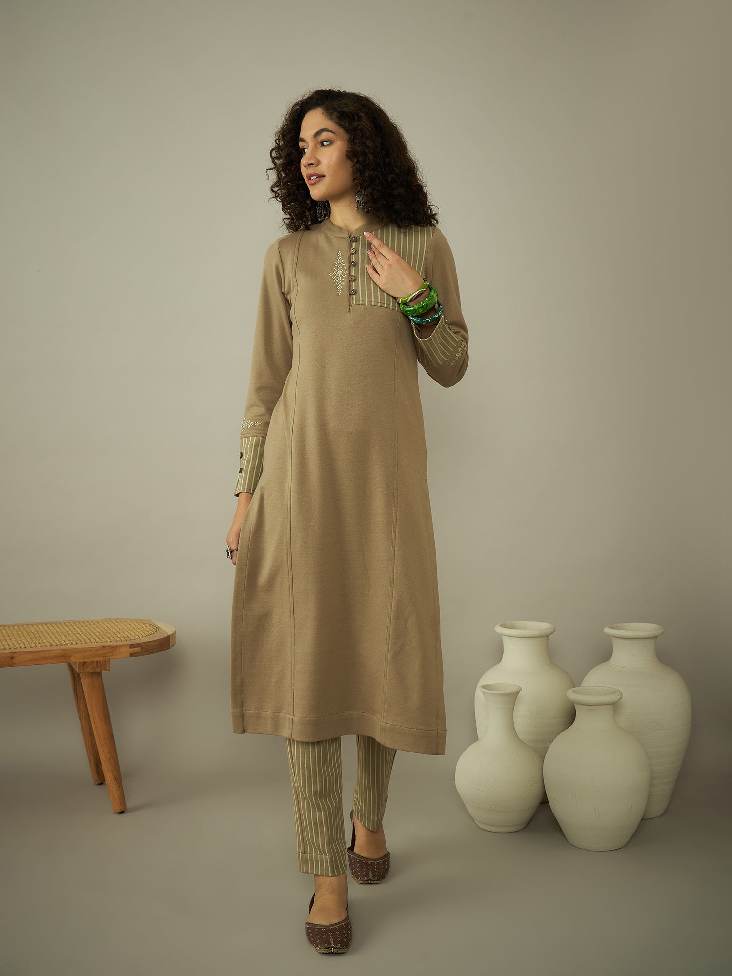 Beige knitted kurta set