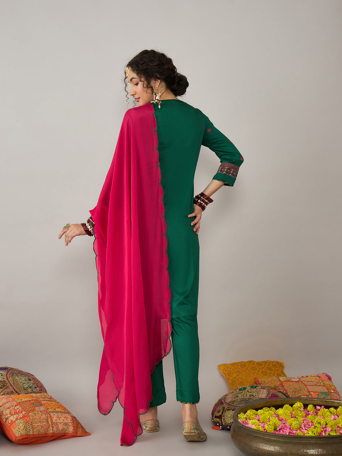 Green Kurta Set with Pink Dupatta