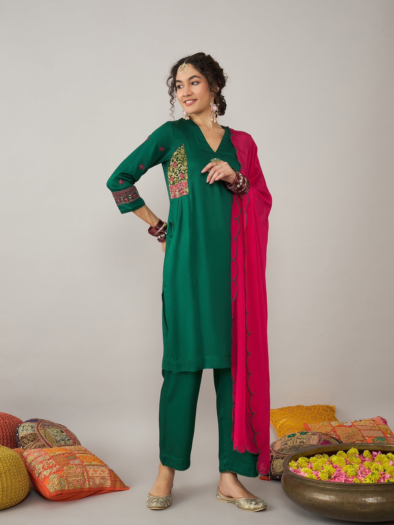 Green Kurta Set with Pink Dupatta