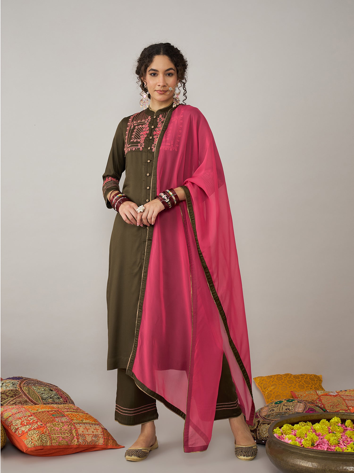 Dark Olive Kurta set with dupatta