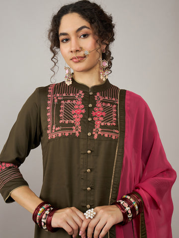 Dark Olive Kurta Set With Dupatta