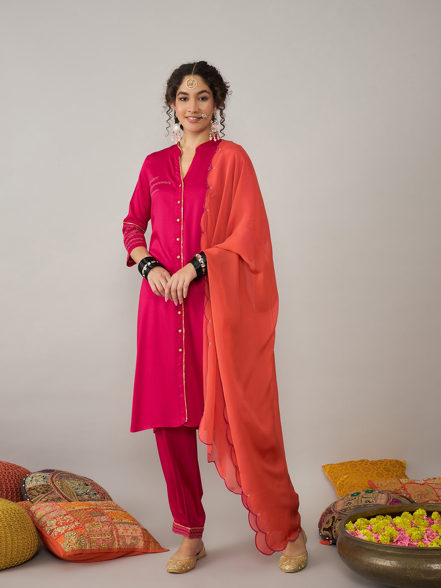 Pink Kurta Set with Tangelo dupatta