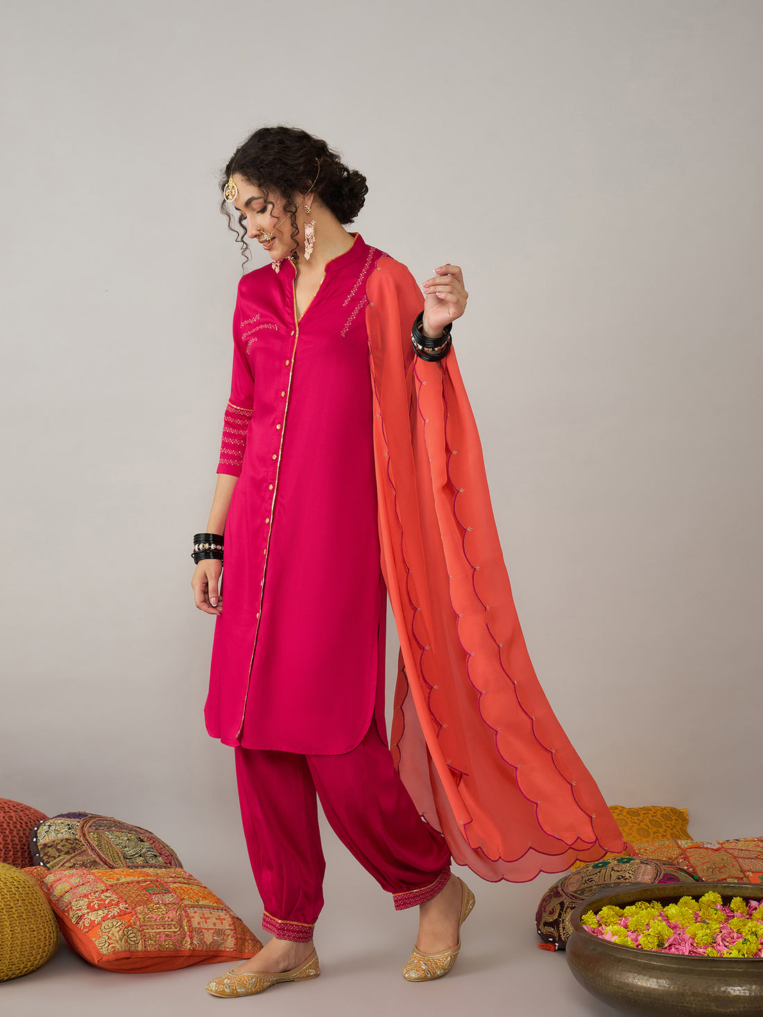 Pink Kurta Set with Tangelo dupatta