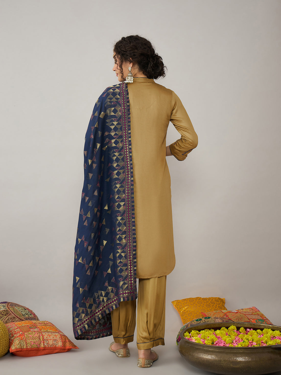 Sand Gold Kurta set with Blue Dupatta