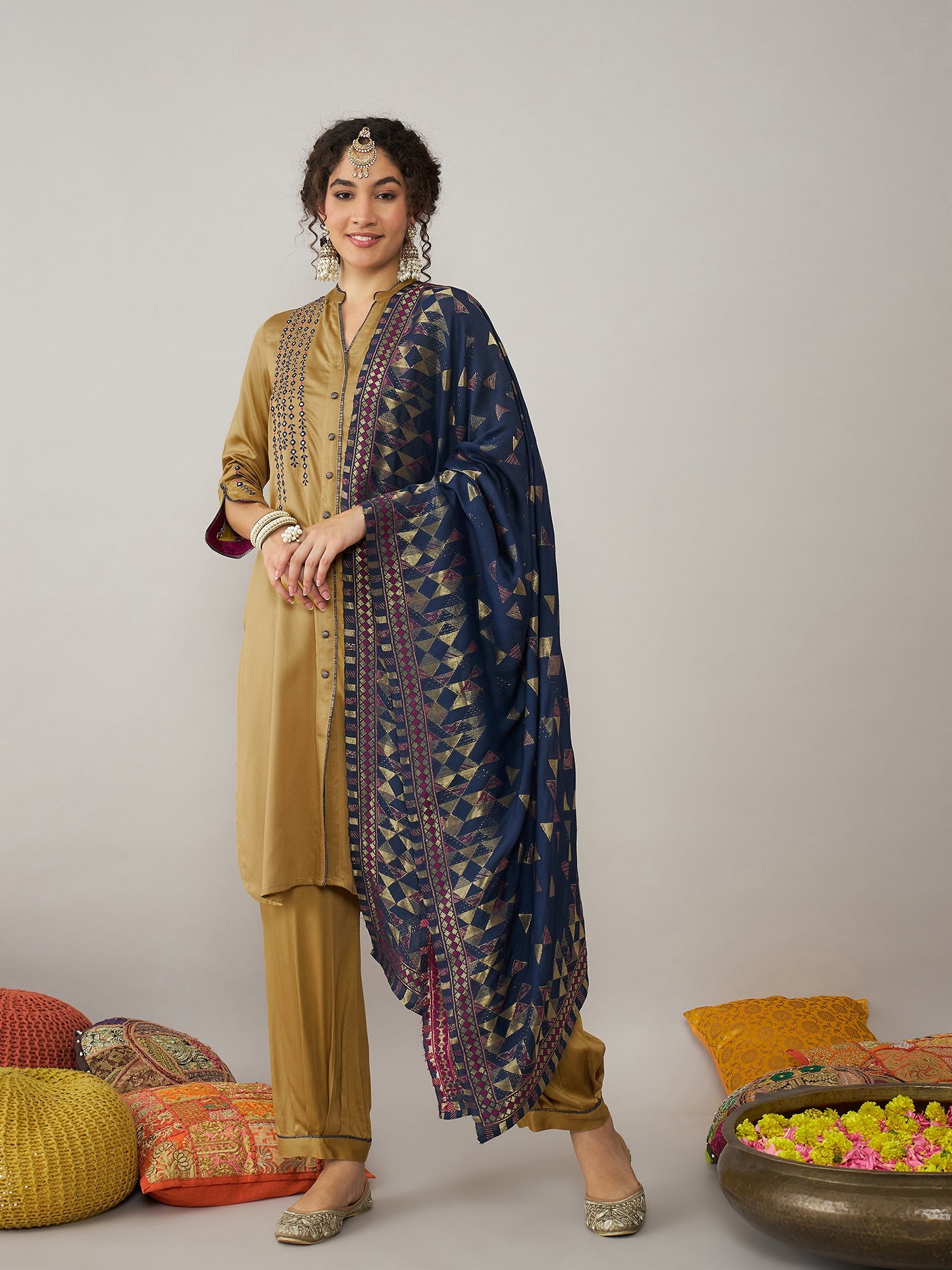 Sand Gold Kurta set with Blue Dupatta