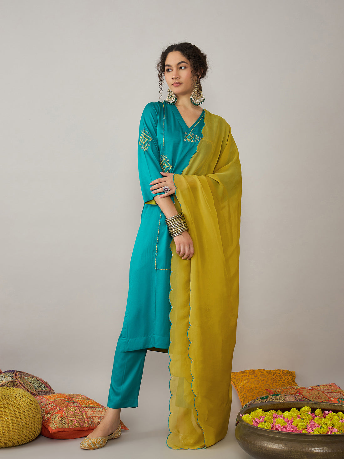 Turquoise kurta set with Yellow Dupatta