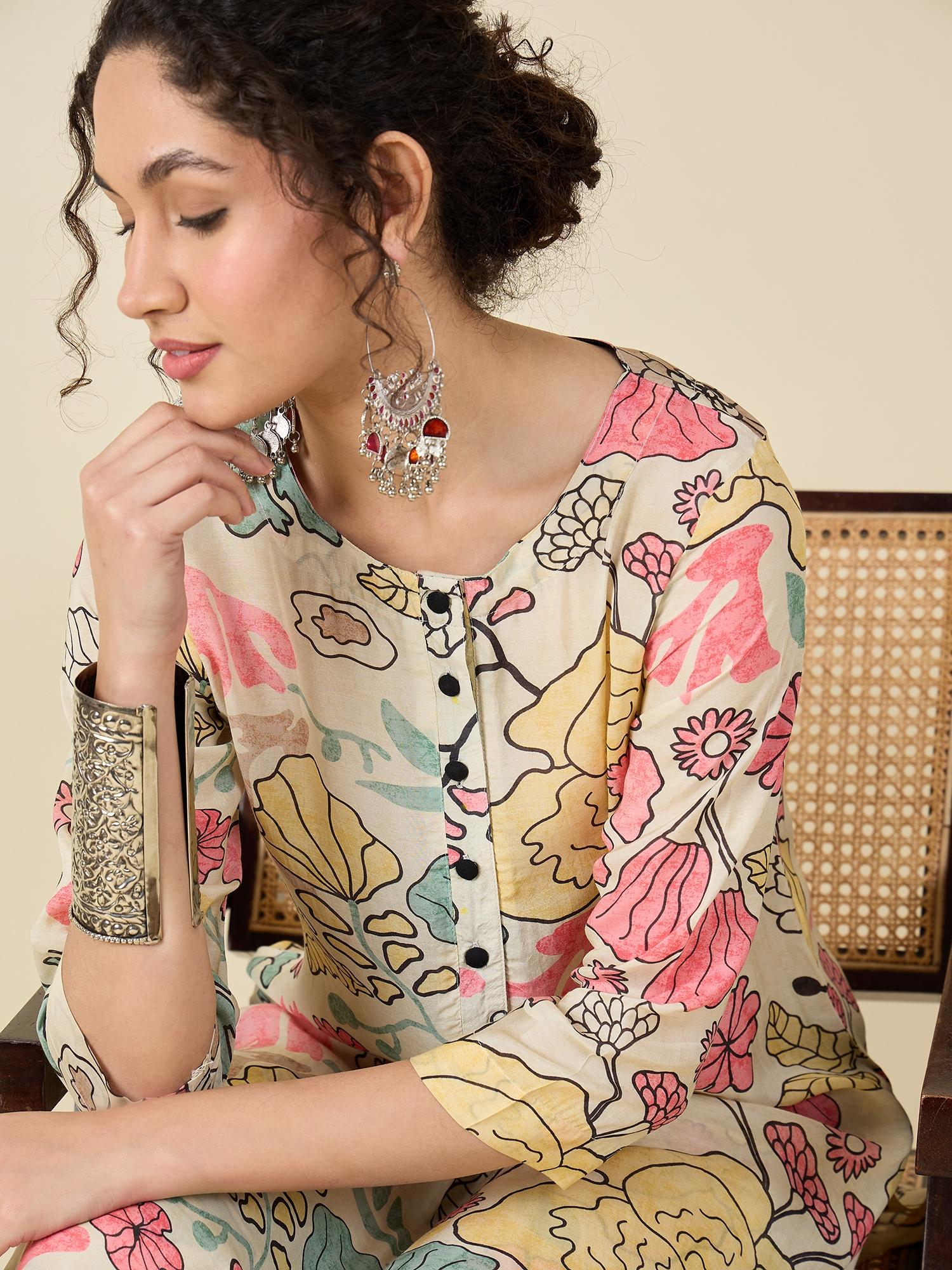Printed Ecru Kurta Set